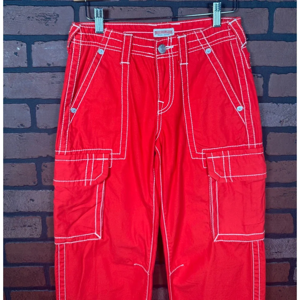 True Religion Cargo Big T Pants Red Military Streetwear Utility Cotton Womens 24